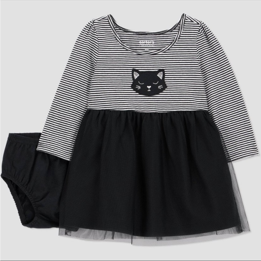 🖤 NWT Striped Cat Dress w/ Tulle Skirt & Diaper Cover - Carter’s - NB 🖤